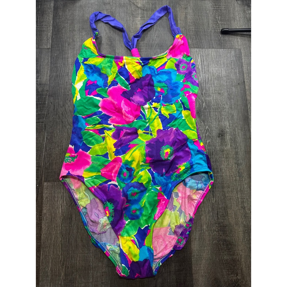 Vintage Sirena Neon Floral One Piece Swimsuit T-Back Made in USA Pink Purple